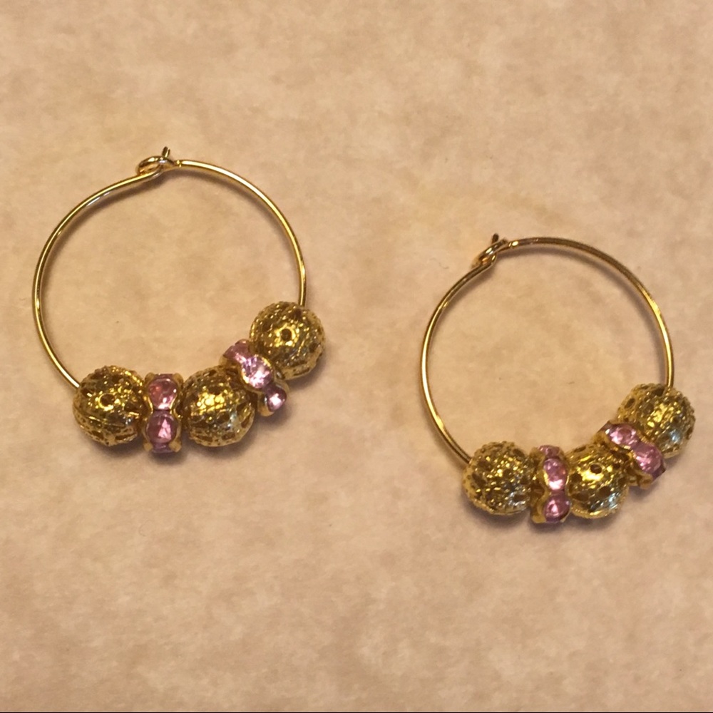 Hoop Earrings Gold Tone Pink Rhinestone Beaded